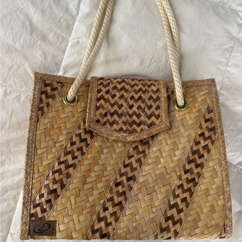90’s Vintage Tan and Brown Rattan Box Tote